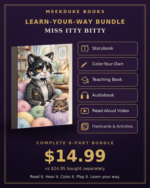 Miss Itty Bitty Learn-Your-Way bundle — storybook, audio and learning pack together