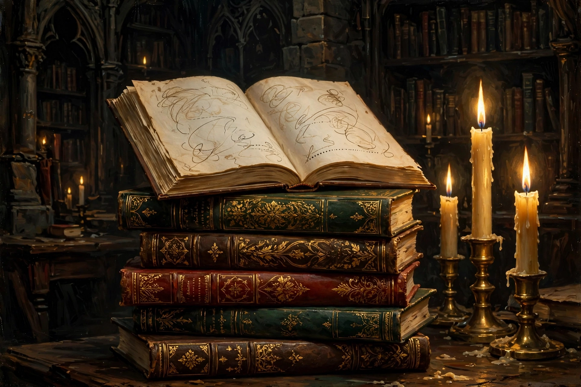 Leather-bound classics stacked on a candlelit shelf