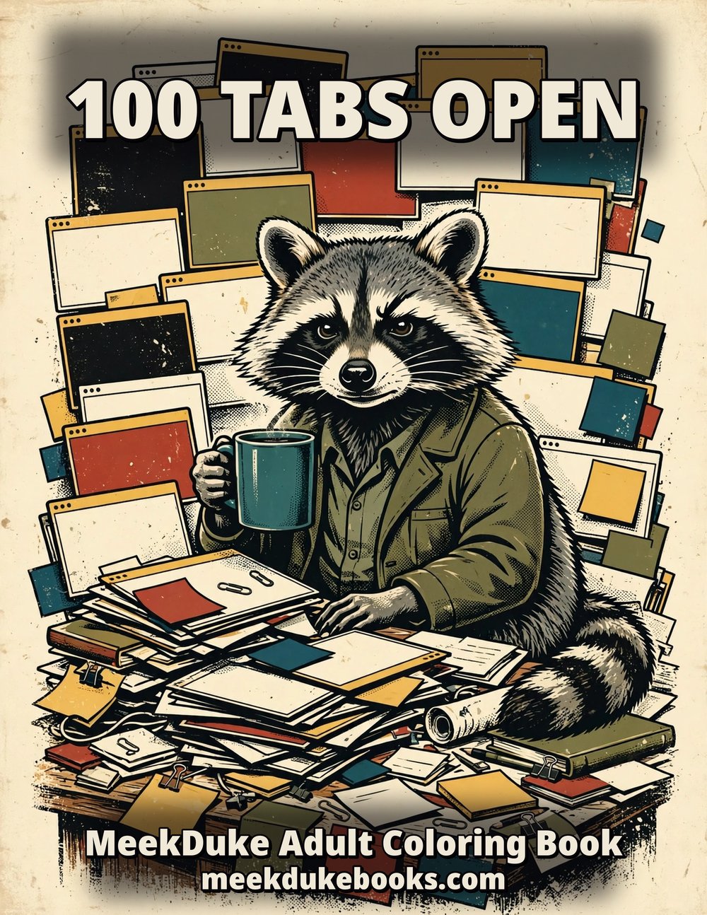 100 Tabs Open coloring book cover — a raccoon at a desk buried in browser tabs