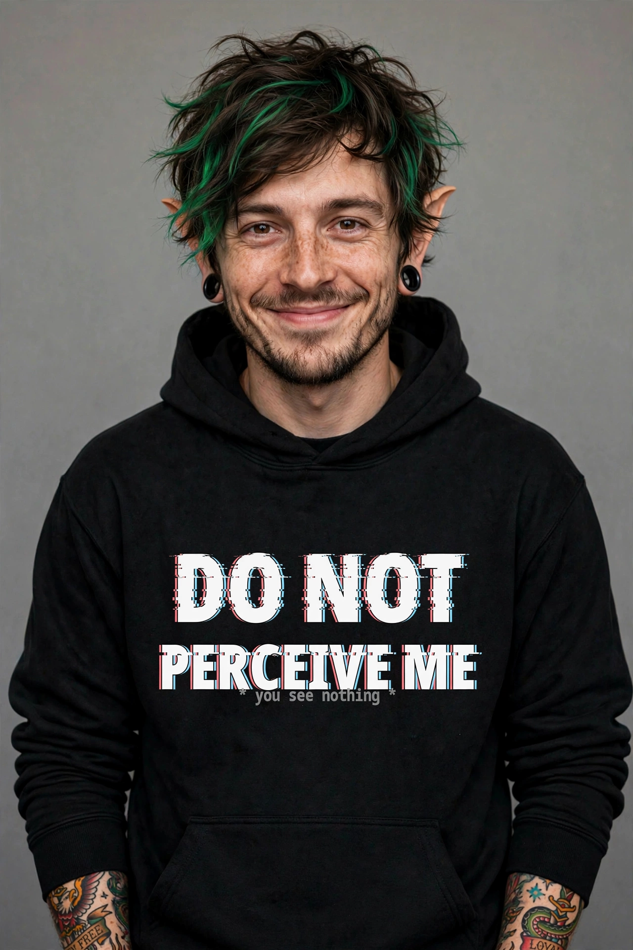 Do Not Perceive Me hoodie design — glitch lettering, you see nothing